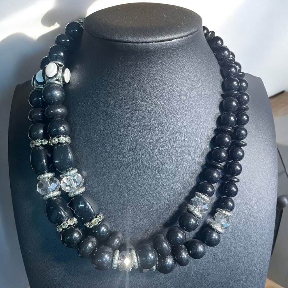 Black Beaded Double Strand Necklace Crystal Accents Adjustable Glam Bold Fashion